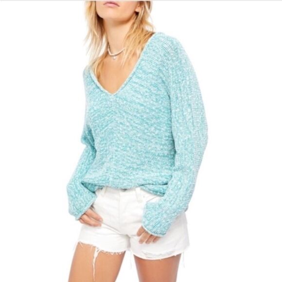 Free People Bright Lights V-Neck Sweater In Adriatic Sea - Picture 1 of 3